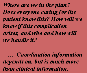 Where are we in the plan? Does everyone caring for the
						patient know this? How will we know if this complication arises, and who and how will we handle it?
						... Coordination information depends on, but is much more than clinical information.